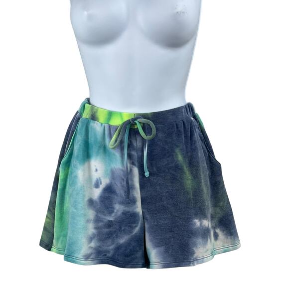 Blue Green Multicolor Tie Dye Summer Elastic Waist String Sweat Shorts Small NWT - Picture 2 of 12